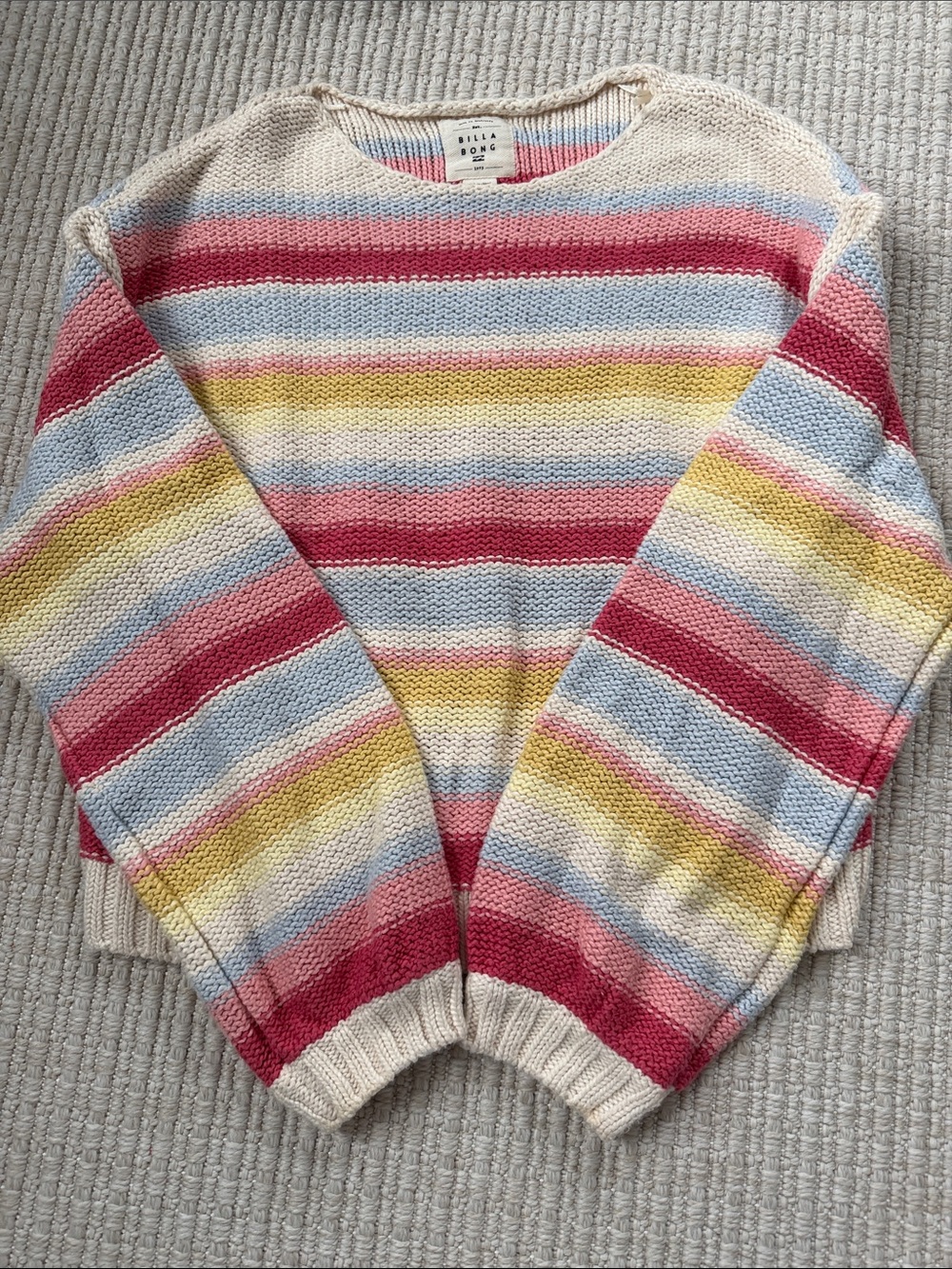 Billabong Cream Sweater with Pink, Light Blue & Yellow Stripes